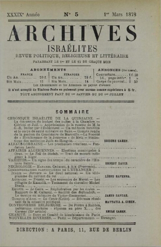 Archives israélites de France. Vol.39 N°05 (01 mars 1878)